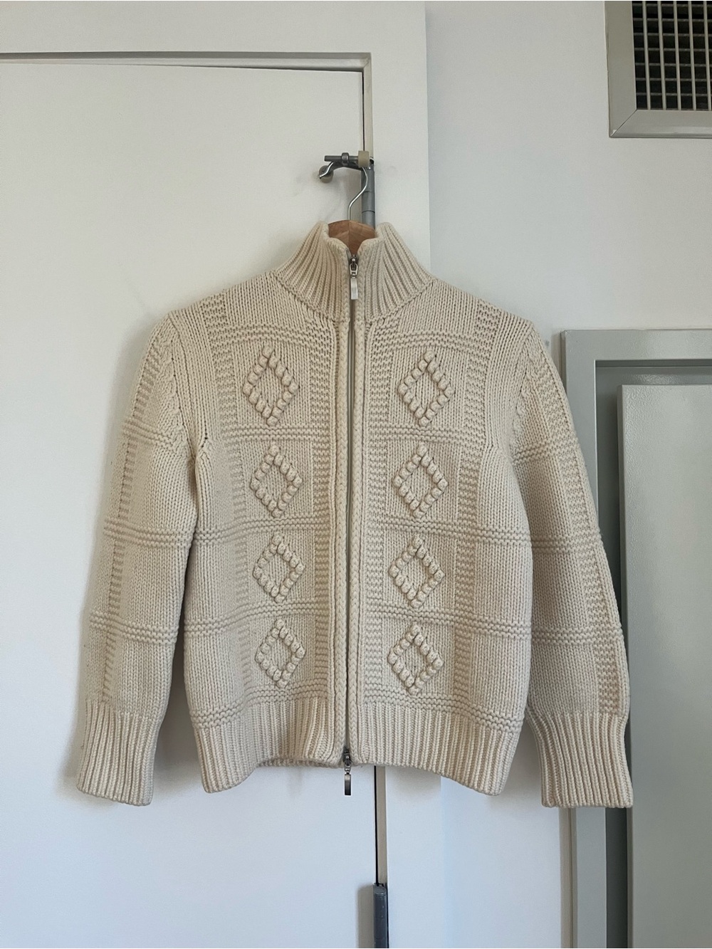 Vintage Merino Wool Cream Cable Knit Zip-Front Sweater Jacket in Merino Wool